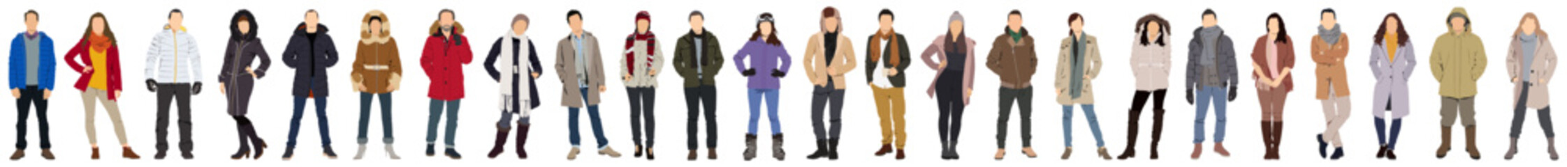 People in winter clothes. Cartoon characters wearing winter coats and hats, modern male and female characters in trendy wintertime outfits. Vector set - obrazy, fototapety, plakaty