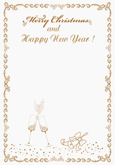 Merry Christmas and Happy New Year. Beautiful form for congratulations. Sheet with patterned border. Two glasses of champagne, bluebell and holly berries.illustration