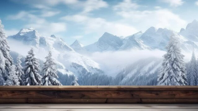 Christmas Winter snow photo Wooden table and window with blurred mountain winter trees landscape background. High quality photo - Seamless loop animation, created using AI Generative Technology