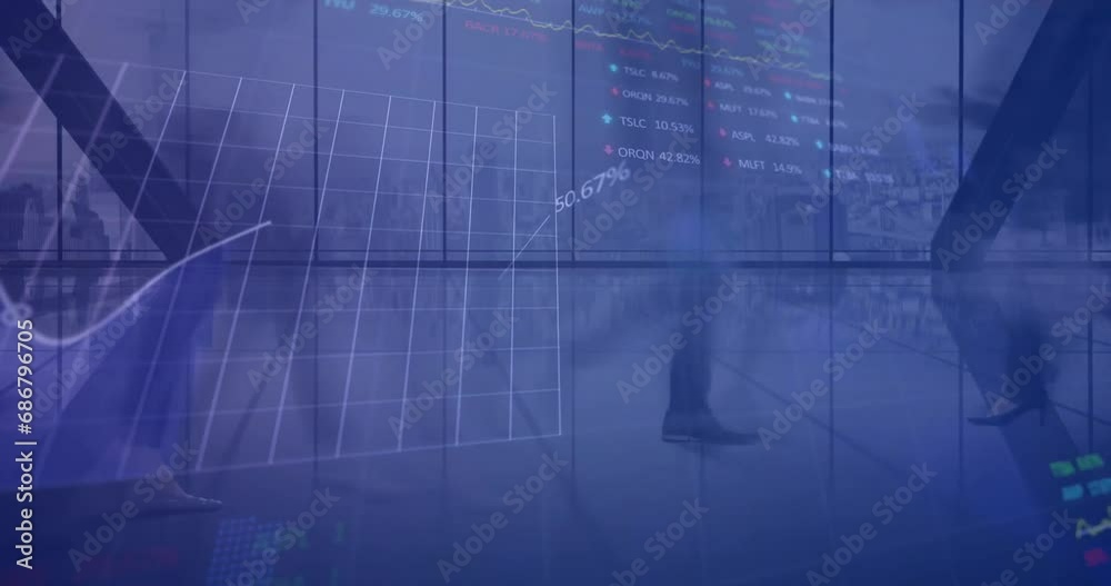 Wall mural Animation of financial data processing over modern office