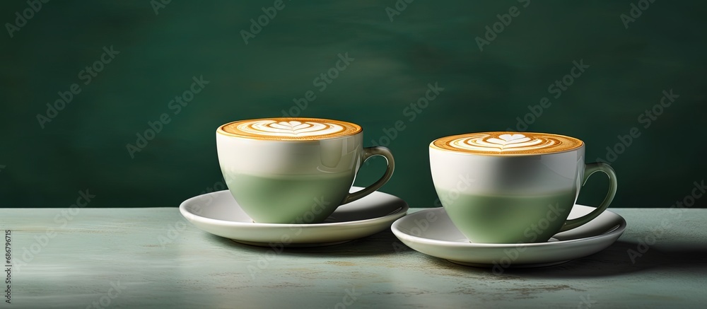 Poster Latte art in a green cup isolated on white background Copy space image Place for adding text or design