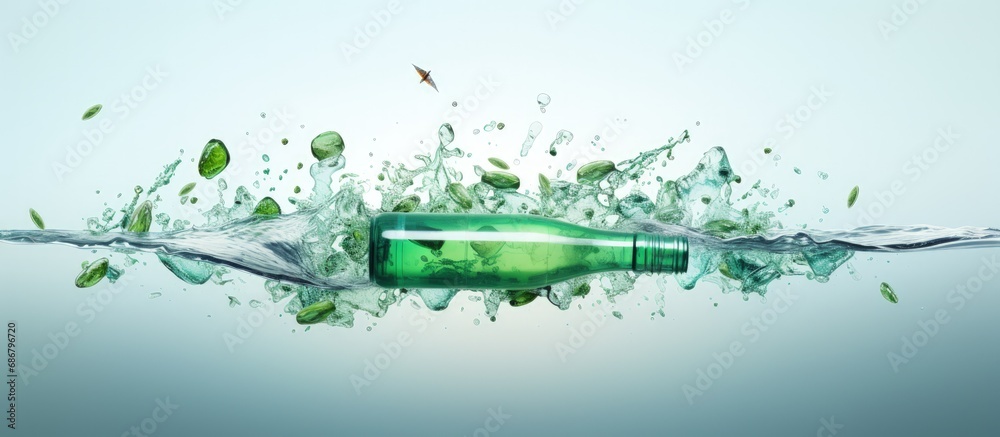 Poster Plastic bottles flying and twirling in the air with a green lid exploding Copy space image Place for adding text or design