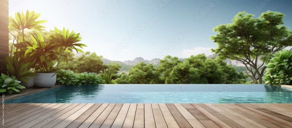 Aufkleber Minimalistic swimming pool terrace with open wall surrounded by nature Copy space image Place for adding text or design
