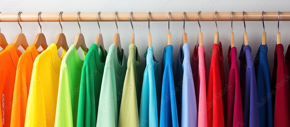 Aufkleber rainbow colors assorted casual shirts on wooden hangers isolated on white copy space image place for