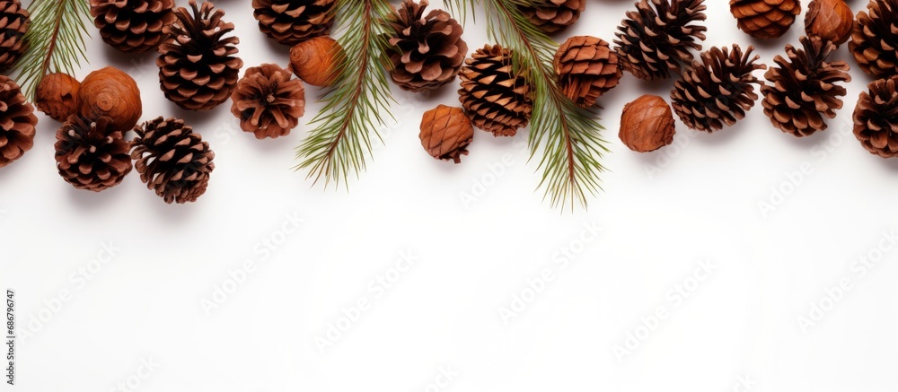 Aufkleber Pinecones arranged on white background with room for text Copy space image Place for adding text or design