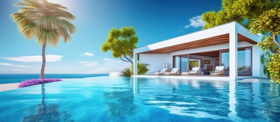 Fototapeta na wymiar Luxury Holiday Villa s outdoor area with a stunning pool and clear blue sky Copy space image Place for adding text or design