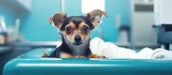Pet check up at the veterinary clinic with a small dog on the operating table and a veterinarian...