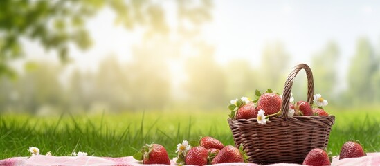 Mini basket of strawberries on a white blanket with dessert snack for spring picnic surrounded by cherry blossoms Copy space image Place for adding text or design - obrazy, fototapety, plakaty
