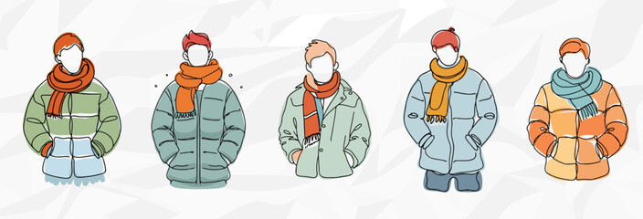 Männer in bunten Puffer-Winterjacken - Bunte Lineart-Zeichnungen © Nico Ladewig