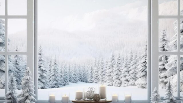 Christmas Winter snow photo Wooden table and window with blurred mountain winter trees landscape background. High quality photo - Seamless loop animation, created using AI Generative Technology