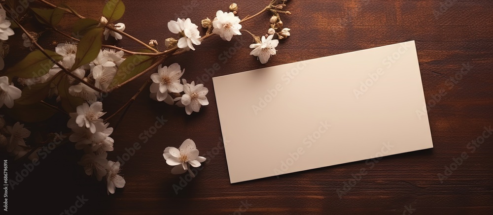 Leinwandbilder minimalist business or greeting card template with floral shadows on a dark brown table background c