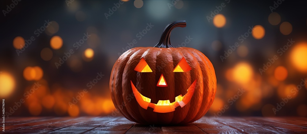 Sticker halloween pumpkin with lit candle in bokeh background copy space image place for adding text or desi