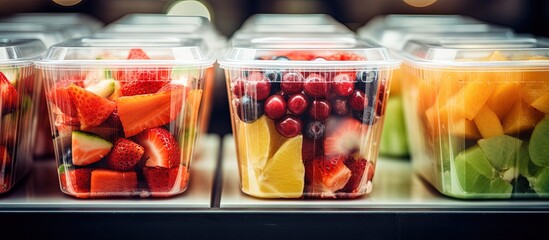 Pre packaged fruit salads in plastic boxes for sale in a commercial fridge Copy space image Place for adding text or design