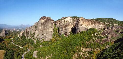 Panorama of the Rock Formations and the St Stephans and Roussanou Monasteries in Meteora Greece - 686796947