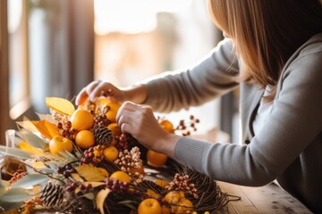 Woman decorating wreaths for thanksgiving, Halloween, Christmas and new year celebrations - obrazy, fototapety, plakaty