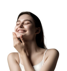 Fototapeta premium Portrait of a beauty young woman with perfect clean skin. The model closes her eyes, tilts her head slightly, and smiles. Her hands touch her face. Youth and Skin Care Concept. transparent background.