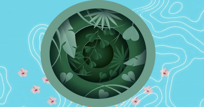 Animation of green plants in circle on blue background