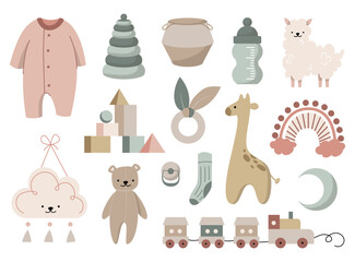 Boho baby clipart set for girls and boys. Cartoon collection with animal wooden toys decor for cute bedroom clothes vector isolated on white. Kids decoration concept learning Montessori equipment