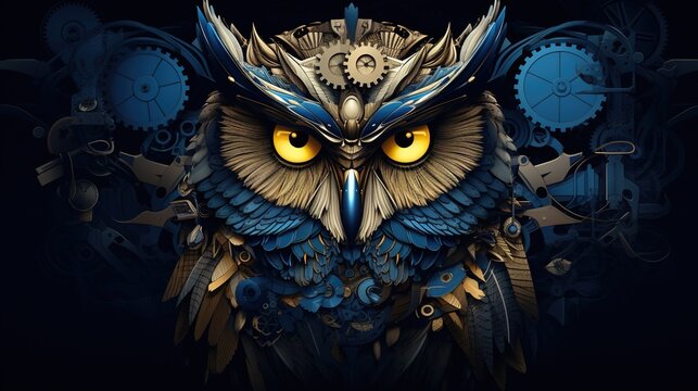 An indigo blue, highly detailed steampunk owl portrait, featuring smooth and clean vector art with grey-colored gears inspired by future technology.