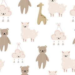 Boho baby animal toys seamless pattern for girls and boys. Cartoon collection with bear, lama, giraffe, cloud toys decor for cute bedroom clothes vector isolated. Kids learning Montessori equipment