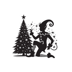 Black Vector Christmas Tree with Elf: Marry Christmas Elf Silhouette - Delightful Tree Festivities
