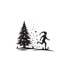 Black Vector Christmas Tree with Elf: Marry Christmas Elf Silhouette - Festive Elf with Stunning Tree
