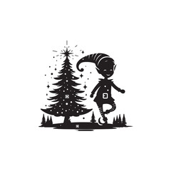 Black Vector Christmas Tree with Elf: Marry Christmas Elf Silhouette - Celebrate the Holidays with a Beautiful Tree
