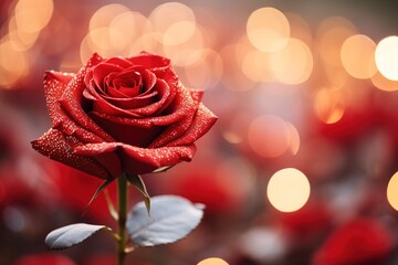 closeup of a gorgeous red rose on blurred bokeh background, Valentine's day background