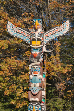 Kakaso'Las Totem Pole in Stanley Park during a fall season in Vancouver, British Columbia, Canada