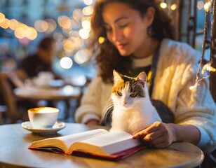 Blurred woman reading book, drinking caffee in a cafe, there is cat on the table, selective focus