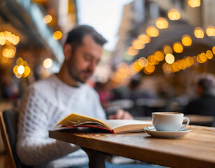 Blurred man reading book, drinking caffee in a cafe, there is cat on the table, selective focus