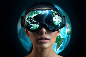 VR goggles and a businessman take on business opportunities with innovative ideas from the Metaverse. Blockchain, virtual reality, augmented reality, NFTs, and virtual commerce are changing the world.
