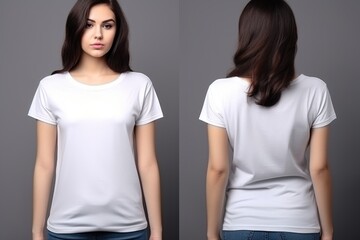 close up of young woman in blank white t-shirt. T-shirt design and people concept