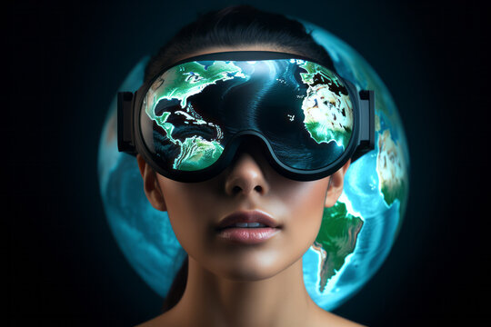 VR goggles and a businessman take on business opportunities with innovative ideas from the Metaverse. Blockchain, virtual reality, augmented reality, NFTs, and virtual commerce are changing the world. - Powered by Adobe