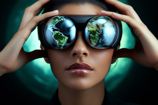 VR goggles and a businessman take on business opportunities with innovative ideas from the Metaverse. Blockchain, virtual reality, augmented reality, NFTs, and virtual commerce are changing the world.