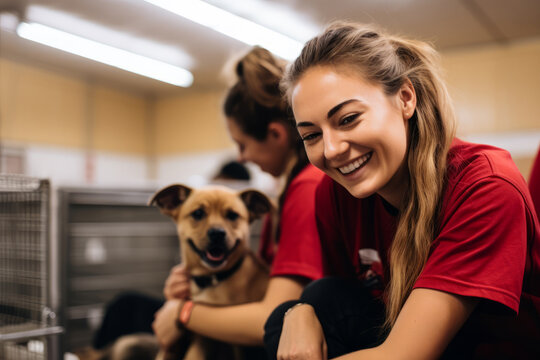 Volunteer in dog shelter. Dog, adoption and animal shelter. Pet, charity and volunteering at kennel for adopting canine pets