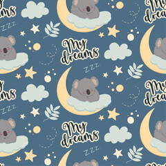 Good Night seamless pattern with cute sleeping baby koala, stars and moon.