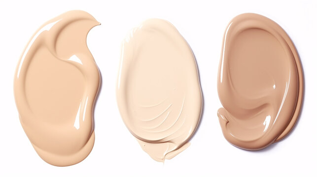Isolated beige concealer smudges of foundation/make-up liquid setting cream are shown on a white background.