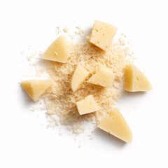Isolated Parmesan chunks and crumbs viewed from above on a white background.