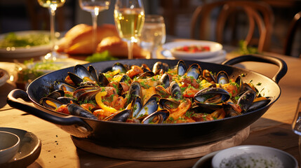Food photography of mussels in a cast-iron saucepan with spices on a wooden table - obrazy, fototapety, plakaty