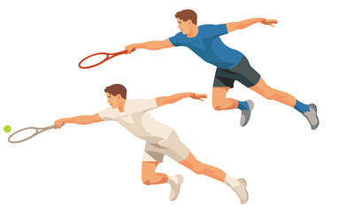 Fototapeta na wymiar Two figures of a tennis player in a blue T-shirt and a white uniform, who rushes forward to hit the ball