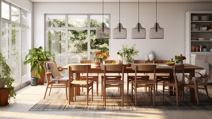 A bohemian-inspired dining area with mismatched chairs, a textured rug, and hanging pendant lights creating a laid-back vibe