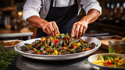 Food photography of mussels in a cast-iron saucepan with spices on a wooden table
