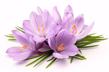 Fototapeta premium A Crocus sativus blossom, the hue of saffron, stands out against a white backdrop.