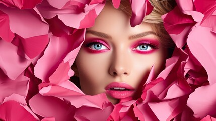 young fashionable woman portrait, female model looking through pink paper hole, beauty and glamour advertising concept