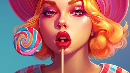 Sexy blonde woman with lollipop. 3d illustration. - obrazy, fototapety, plakaty