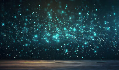 Wooden floor with turquoise and gold bokeh against a backdrop of lights and stars.
