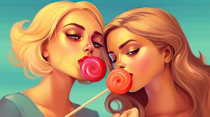 Two girls with lollipops in their mouth. 2d illustration. - obrazy, fototapety, plakaty