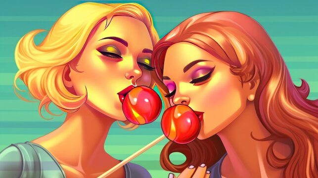 Two beautiful girls with red apples in their mouth. illustration.