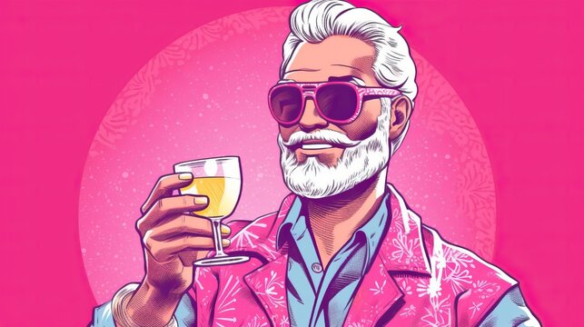 A portrait of Ken from Barbie as Santa Clause, in the style of a cartoon, pink, tan, sun, drinking a cocktail